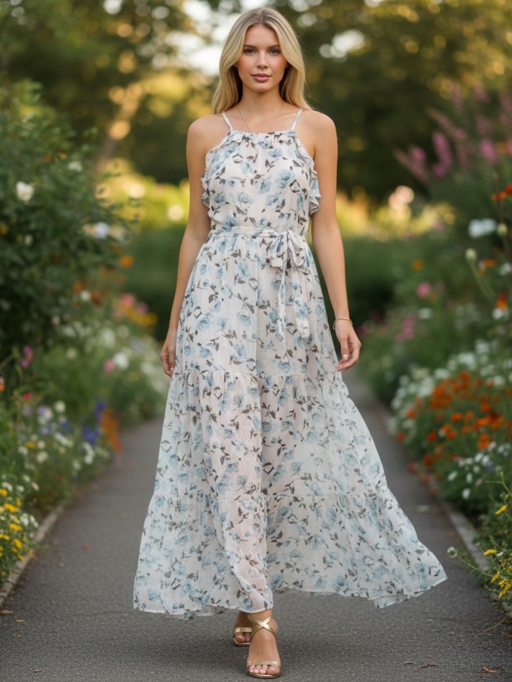 095 • Floral Ruffle Halter Maxi SunDress | Blue Floral Belter Maxi Summer Dress